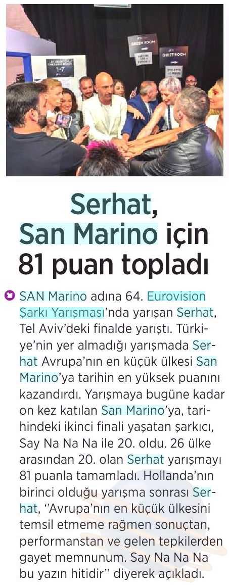Serhat, San Marino için 81 puan topladı. - 20.05.2019 - Birgün Gazetesi