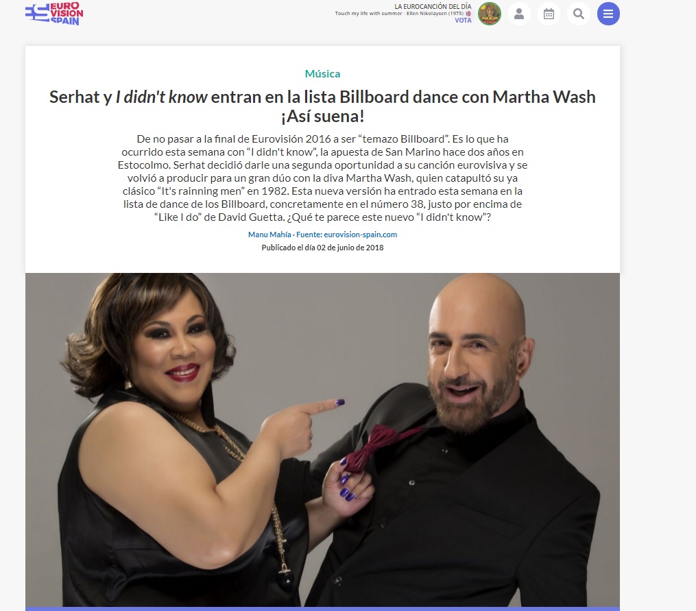 Serhat y I Didn't Know Entran En La Lista Billboard Dance Con Martha Wash ¡Así Suena! - 02.06.2018 - Eurovision Spain