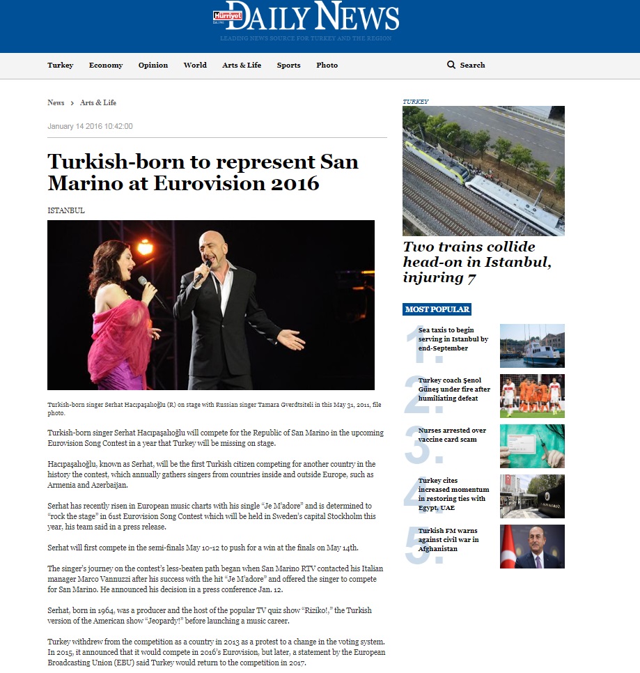 Turkish-born to represent San Marino at Eurovision 2016 - 14.01.2016 - www.hurriyetdailynews.com  