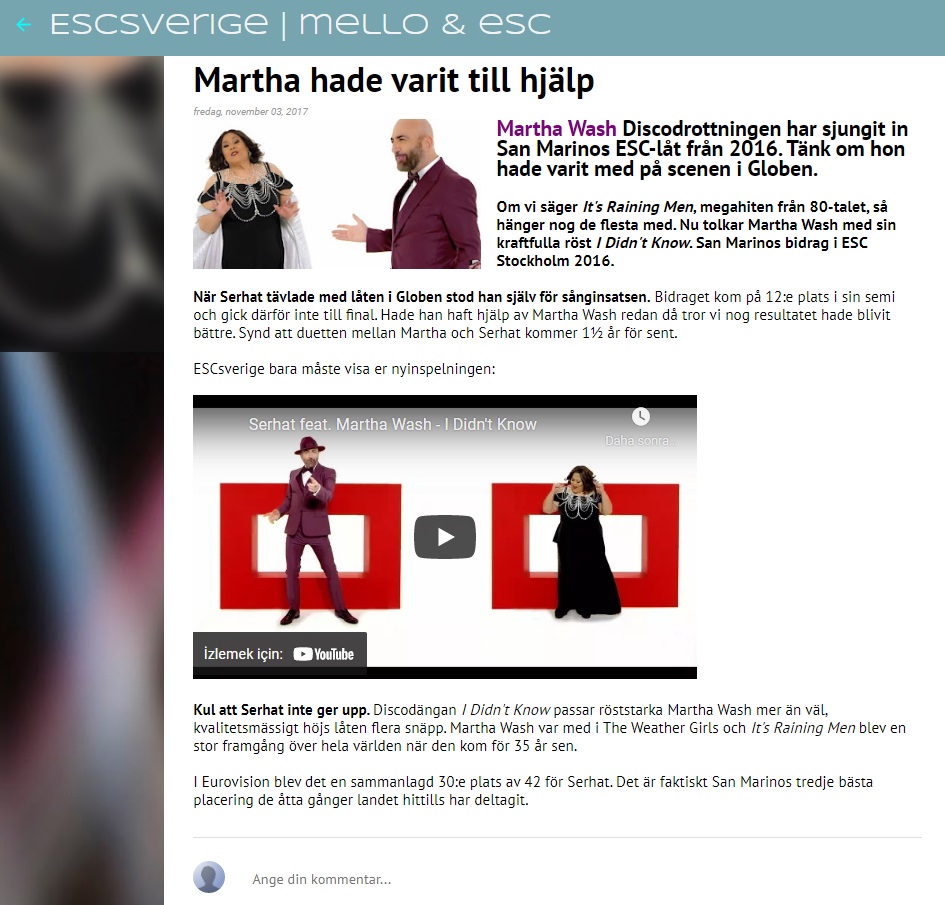 Martha Wash Discodrottningen har sjungit in San Marinos ESC-låt från 2016. Tänk om hon hade varit med på scenen i Globen. - 03.11.2017 - escsverige.com